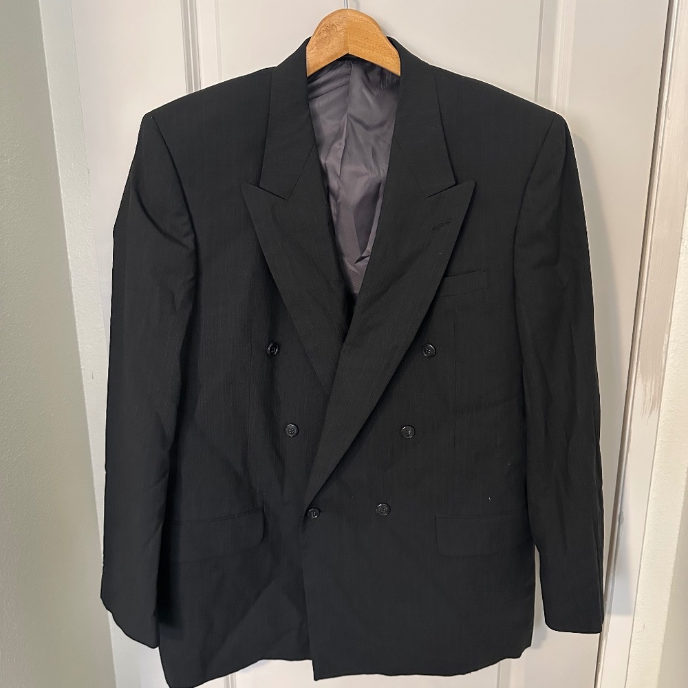 Vintage Petrocelli Double-Breasted Black Pinstripe Suit Jacket - 46L